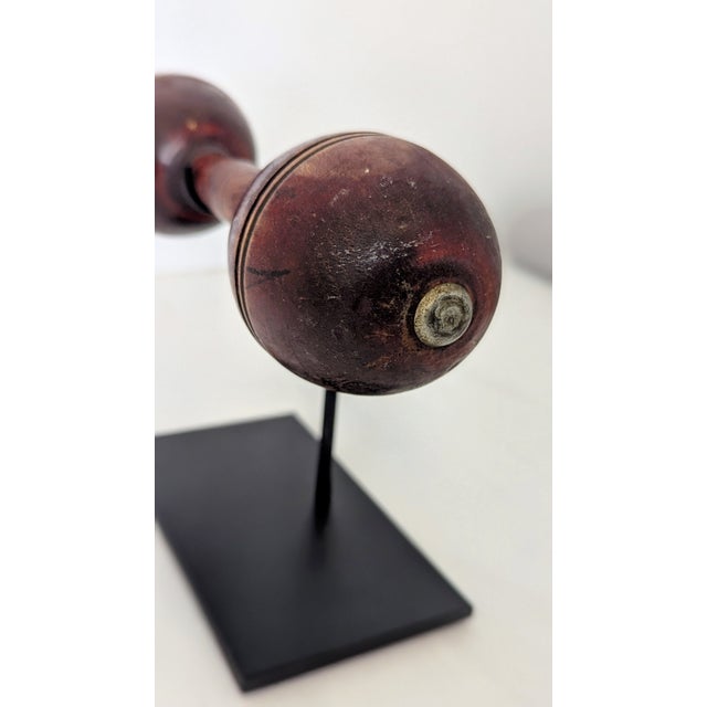Small Antique Wooden Dumb Bell on Iron Stand – Vintage Gym Décor, Sculptural Object, Industrial Accent For Sale - Image 4 of 6