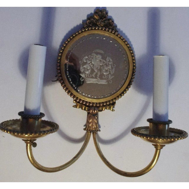 Metal e.f. Caldwell Bronze Carved Mirror Eglomise Cherub Sconces - a Pair C 1914 For Sale - Image 7 of 11