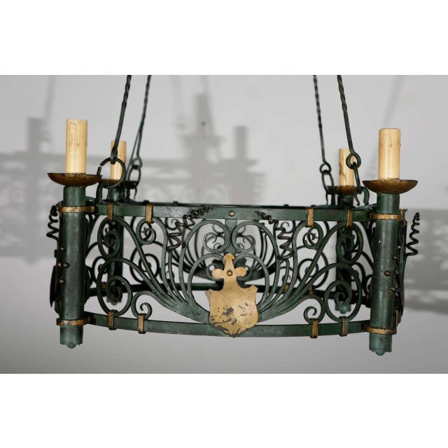 French Filigreed Green With Gold French Iron Chandelier For Sale - Image 3 of 11