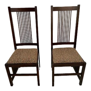 1980s Stickley Mission Side Chairs Spindle Back and Sides Dark English Oak- Set of 2