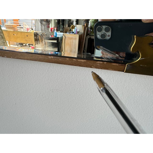 70's Vintage Asian Style Wood and Accent Brass Wall Mirror For Sale - Image 10 of 11