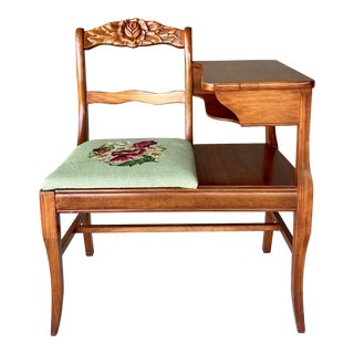 Circa 1930 Regency Mahogany Wood With Needlepoint Seat & Hand Carved Rosette Crest Rail Gossip Bench For Sale