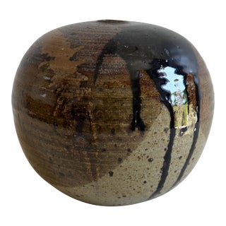 Vintage 1970s Signed Spherical Studio Pottery Weed Pot or Vase For Sale