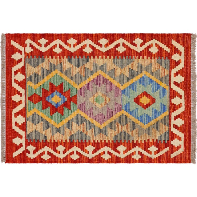 Retro Turkish Kilim Red Beige Hand-Woven Wool Rug For Sale - Image 9 of 9