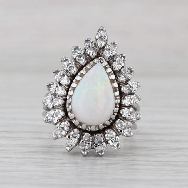 White Vintage Pear Opal Diamond Halo Ring 14k White Gold Size 6-6.25 Cocktail For Sale - Image 8 of 8