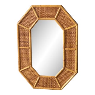 Mid Century Octagonal Reed & Rattan Wall Mirror With Faceted Frame For Sale