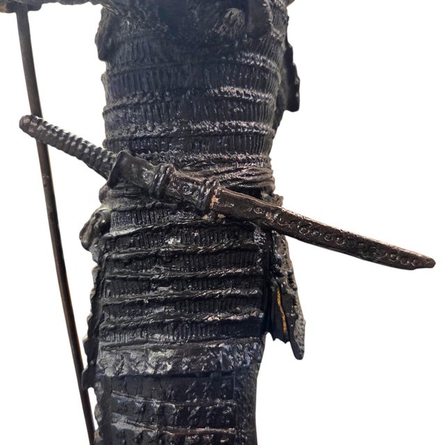 Japanese Samurai Bronze Tone Warrior Sculpture on Custom Wood Base 18" For Sale - Image 10 of 15