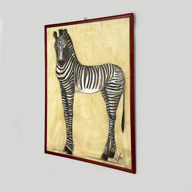 French painting of a zebra by Etiennette Johan, 1930s Mixed-media painting on canvas depicting a zebra against a yellow...