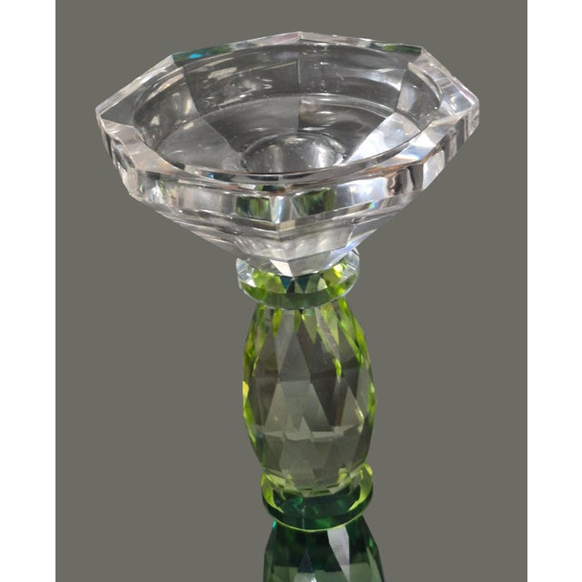 Elegant Pair Bohemian Crystal Green 3-Tone Candlesticks For Sale - Image 4 of 8