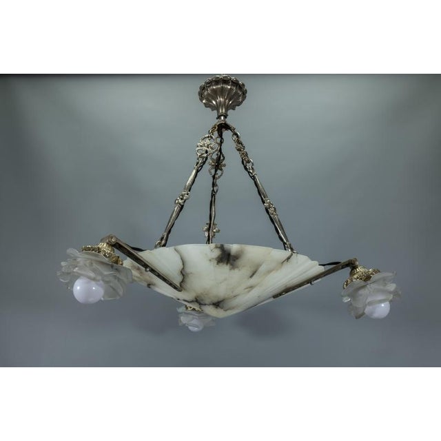 Art Deco French Alabaster and Frosted Glass Four-Light Chandelier, 1920s For Sale - Image 6 of 18