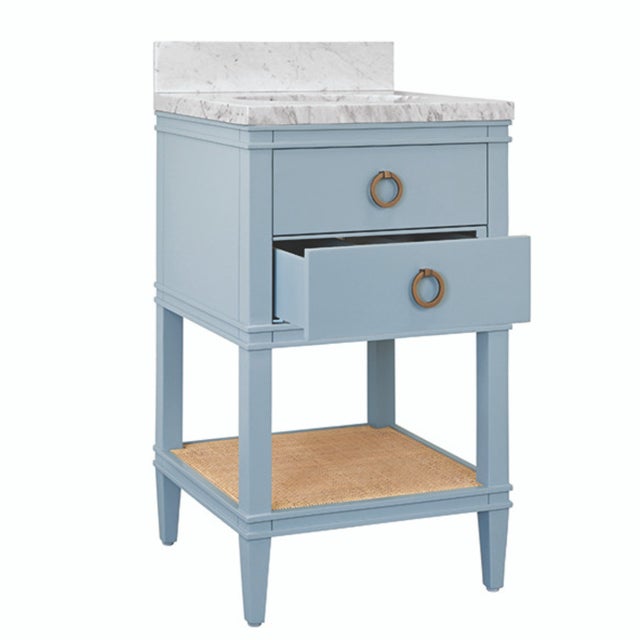 Contemporary Matthew Izzo Home Cutler 24” Light Blue Two Drawer Single Porcelain Sink Vanity With Open Cane Shelf and Brass Hardware For Sale - Image 3 of 10