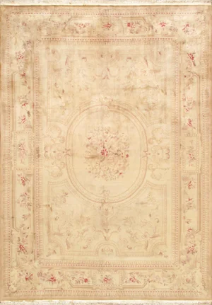 Gold and Beige Pasargad Home Savonnerie Wool Area Rug- 9' 6" X 13' 6"