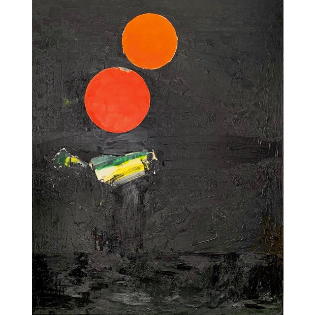 Large Abstract Oil Painting on Canvas, Modern Black Wall Art With Red and Orange Circles, Contemporary Oversized Artwork Unstretched (Rolled in Tube) For Sale