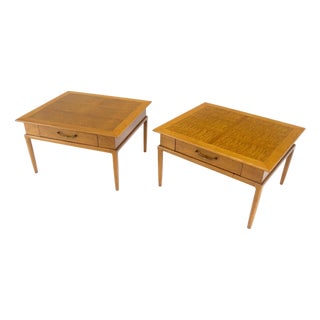 Pair of Fine Blond Tiger Maple Square End Side Lamp Tables One Drawer MINT For Sale