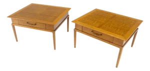 Pair of Fine Blond Tiger Maple Square End Side Lamp Tables One Drawer MINT