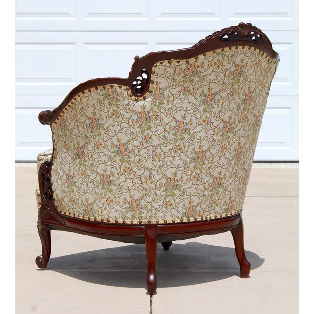 Wood Antique French Louis XV Style Bergère Armchair – Hand-Carved Mahogany, Tufted Floral Upholstery, C. Late 19th Century For Sale - Image 7 of 18