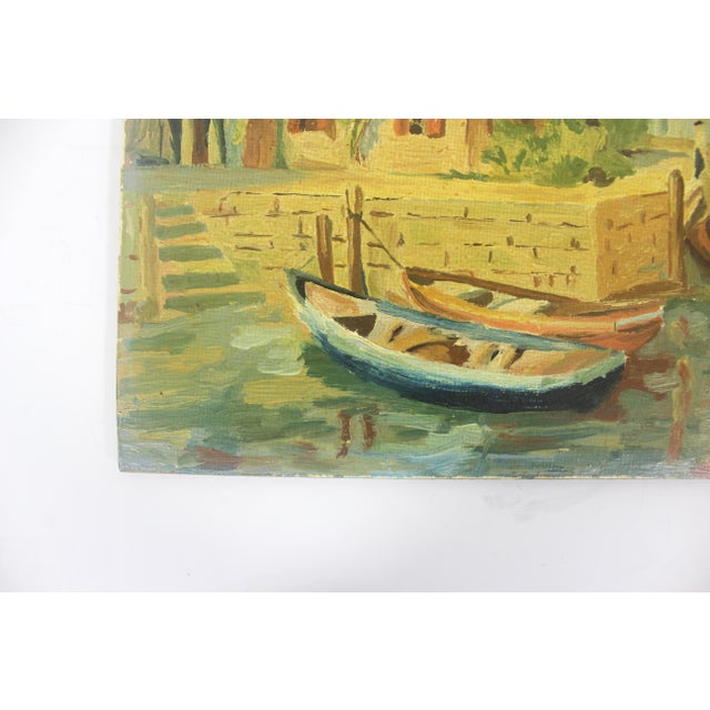 Signed Vintage Painting, Marina Sailboats, Mid-Century Nautical Art Fishing Boat For Sale - Image 4 of 10