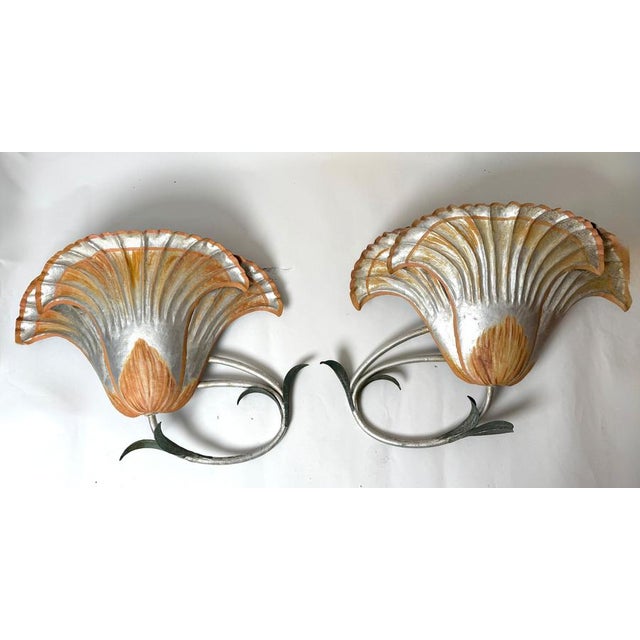 Hollywood Regency Large Italian Silver Leaf and Metal Flower Wall Sconces, 1970s, Set of 2 For Sale - Image 3 of 18