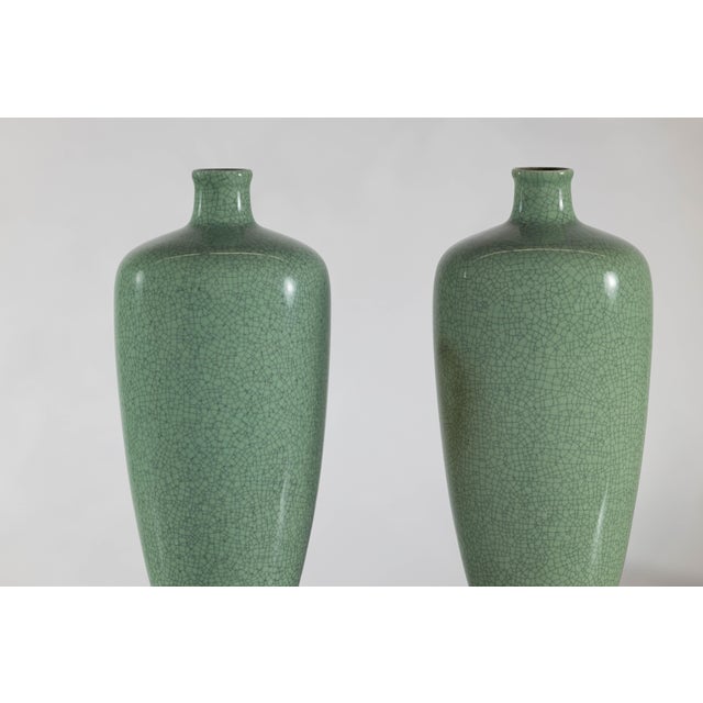 Pair of Vintage Celadon Porcelain Vases with Elegant Crackled Glaze For Sale - Image 11 of 12