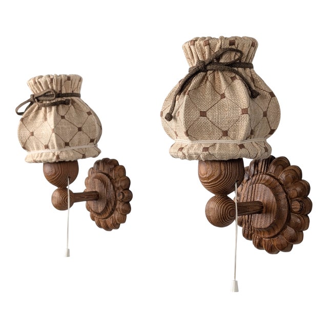 Swedish Carved Pine Wall Sconces with Jute Shades, 1970s, Set of 2 For Sale