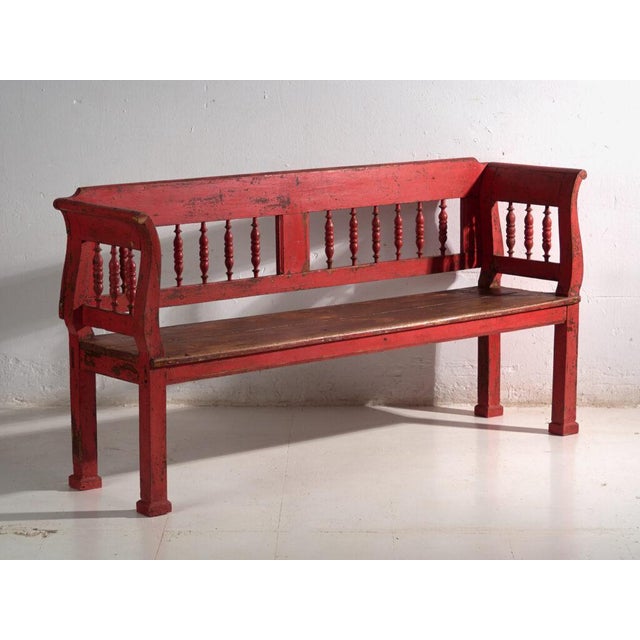 Antique Painted Pine Bench with Turned Back, Central Europe, 1900 For Sale - Image 11 of 11