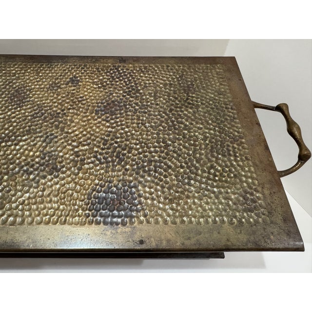 Early 20th Century Antique Brass Double Burner Warming Stand Chafing Dish Base Hammered Top C. 1890–1910 For Sale - Image 5 of 10