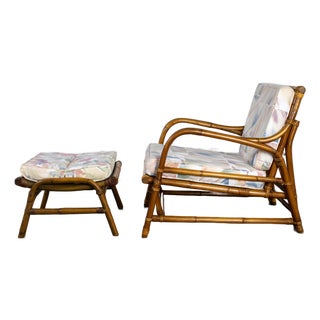 Mid-20th Century Tropical or Coastal Style Rattan Lounge Chair and Ottoman Set by Calif Asia For Sale
