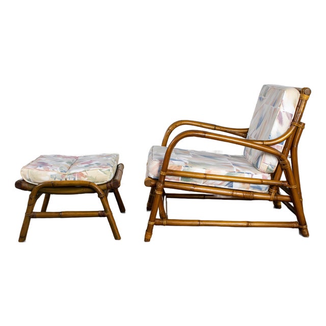 Mid-20th Century Tropical or Coastal Style Rattan Lounge Chair and Ottoman Set by Calif Asia For Sale