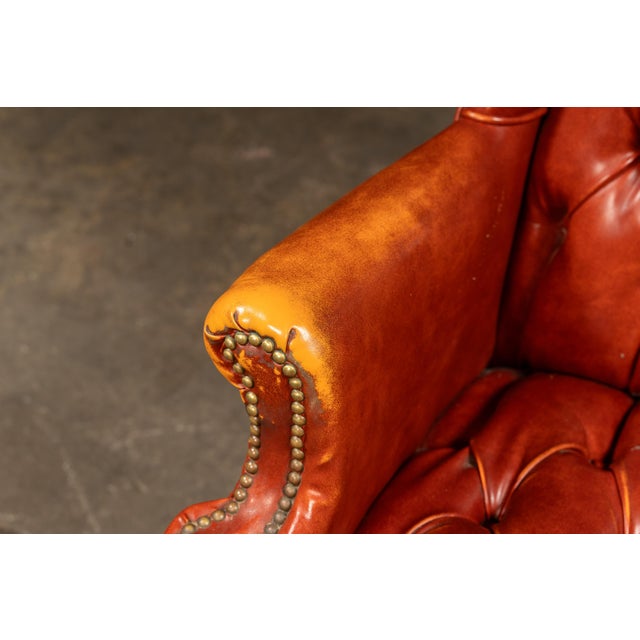 Vintage Wingback Tufted Armchair With Ottoman in Burnt Orange For Sale - Image 9 of 12