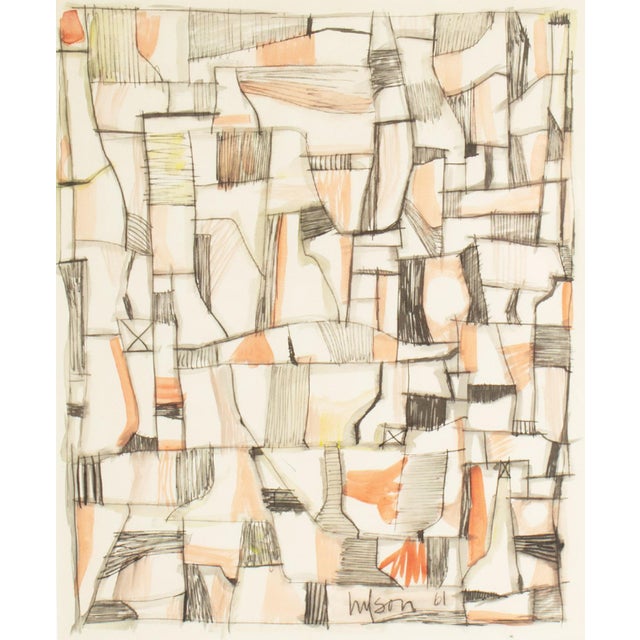 A 1961 ink and watercolor painting by the American artist Harry Hilson (1935-2004). This abstract work depicts an array of...
