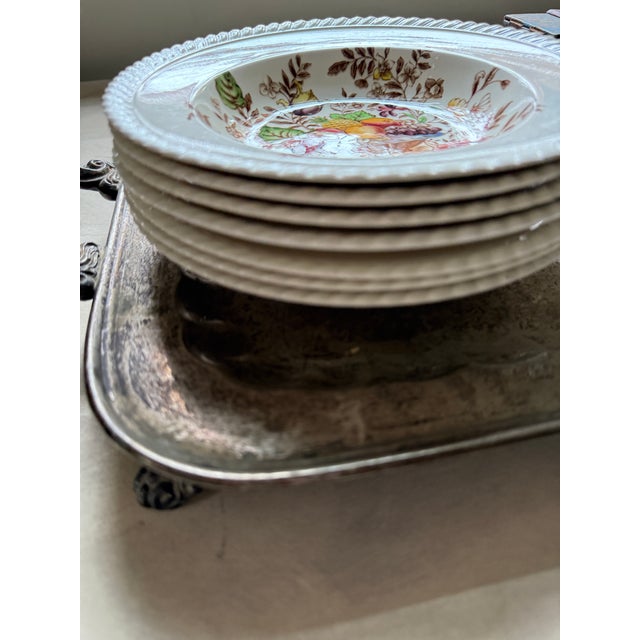 Vintage Pomona Windsor Ware 8” Soup Bowls | Johnson Bros England | c.1940–1950 | Set of 7 Hand-Colored Earthenware For Sale - Image 11 of 12