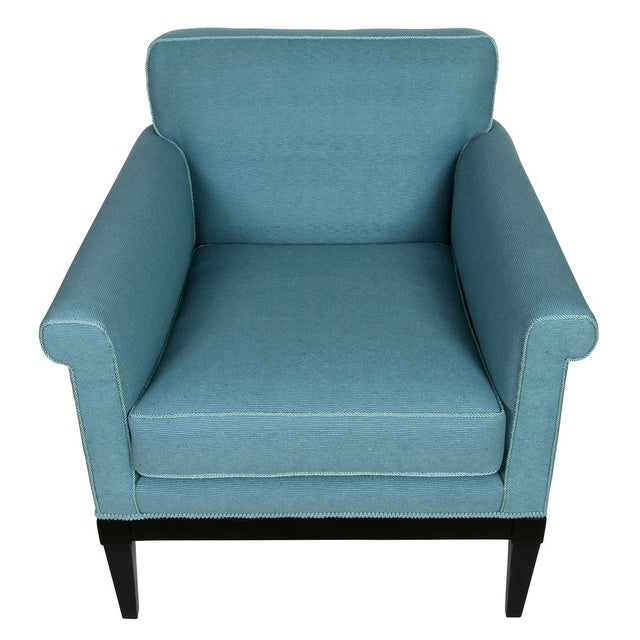 Pair of vintage armchairs in the manner of James Mont, newly upholstered in a rich blue raw silk that lends both texture...