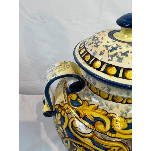 1990s Italian Hand-Painted Blue Urn With Scrolled Handles For Sale In Dallas - Image 6 of 12