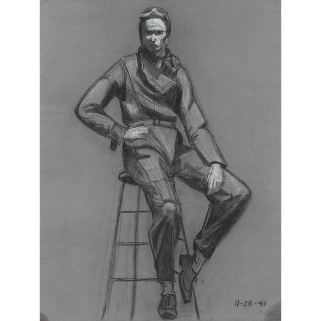 Abstract Seymour Tubis Portrait of Pilot Drawing in Charcoal, 1941 For Sale - Image 3 of 3