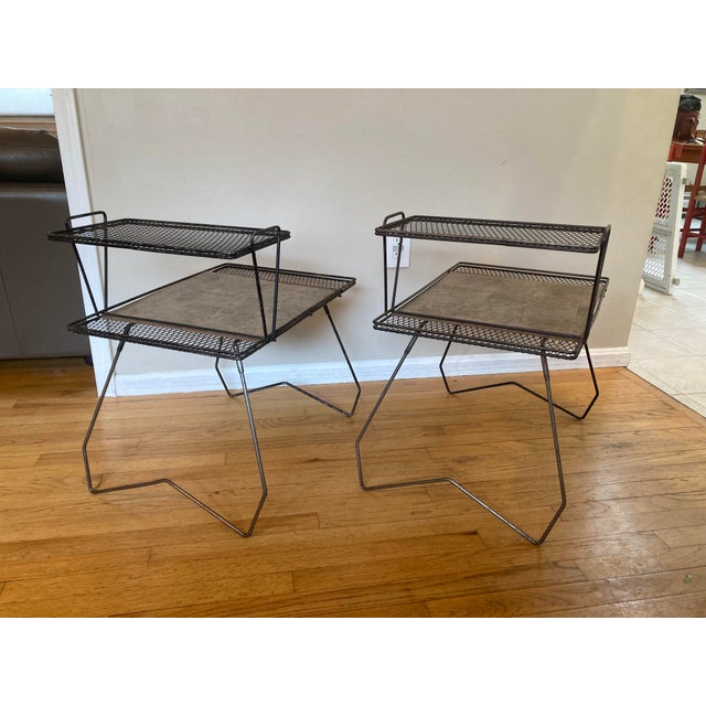 Metal Mid 20th Century Vintage Wrought Iron Tiered End Tables Pair Metal Mesh - Salterini, Diamond, Galef Style Mid Century For Sale - Image 7 of 12