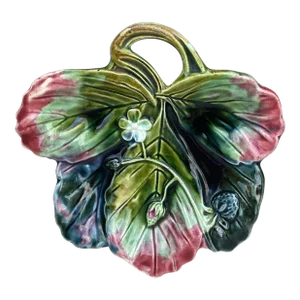 French Majolica Dish Strawberry Leaf , Circa 1890