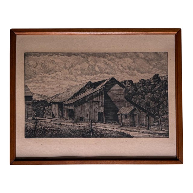 Vintage Luigi Lucioni Hand-Signed Fine Art Etching New England Regionalist Landscape Weathered Vermont Barn Custom Framed For Sale