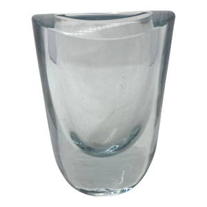 Signed Strombergshyttan Art Glass Vase | Mid-Century Modern Crystal in Pale Blue/Gray, Sweden
