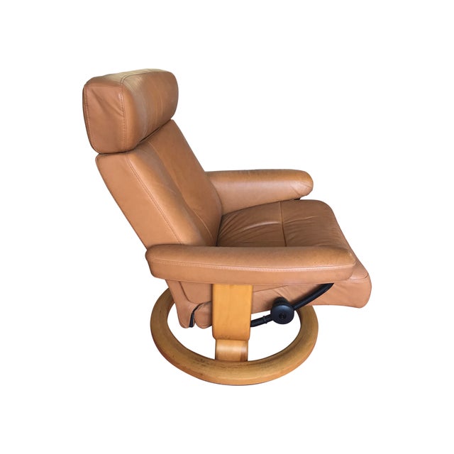 Vintage Tan Leather Recliner Chair and Head Rest & Footstool by