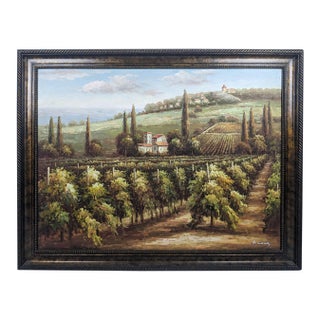 Late 20th Century Monumental Signed B. Andrews Tuscan Vineyard Landscape Oil Painting, 54" For Sale