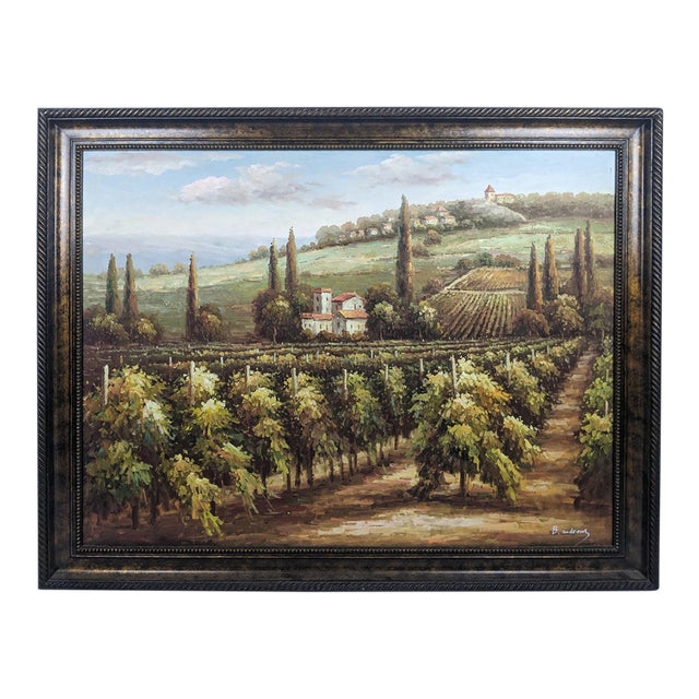 Late 20th Century Monumental Signed B. Andrews Tuscan Vineyard Landscape Oil Painting, 54" For Sale