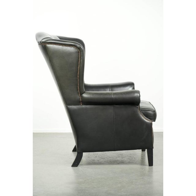 English Style Black Cowhide Wing Armchair For Sale - Image 3 of 15