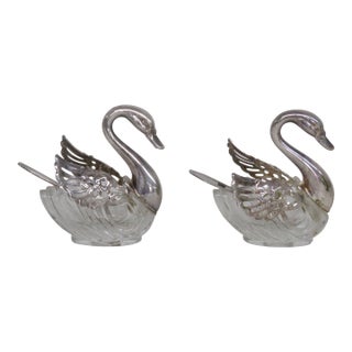 Italy Silver Plate Swan Salt Cellars With Crystal Body and Spoons 4639b For Sale
