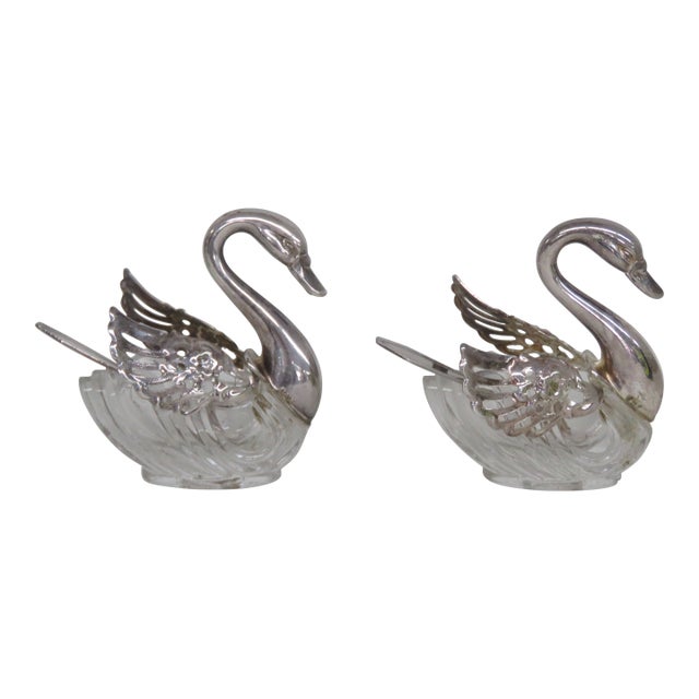 Italy Silver Plate Swan Salt Cellars With Crystal Body and Spoons 4639b For Sale