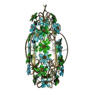 1950s Italian Flower Glass Chandelier, Pendant, Brass, Murano