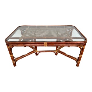 1970s Vintage Rattan & Cane Glass Top Dining Table For Sale