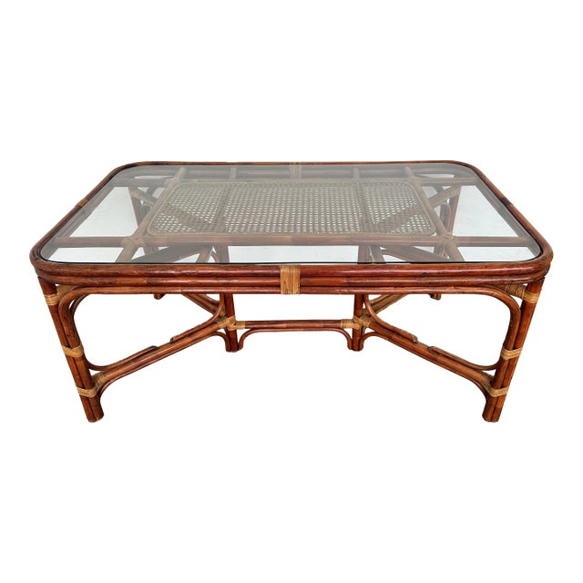 1970s Vintage Rattan & Cane Glass Top Dining Table For Sale