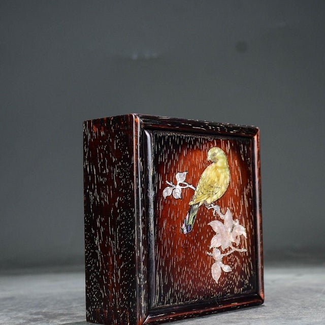 1990s Square Wood Keepsake Box With Mother of Pearl Bird & Floral Inlay For Sale - Image 4 of 9