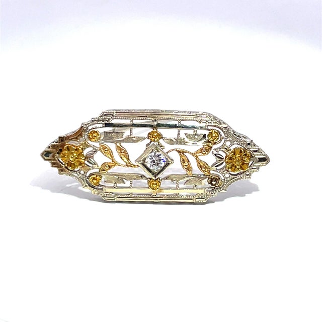 Silver 14k Two Tone Gold 0.20carets Diamond Filigree Brooch For Sale - Image 8 of 9