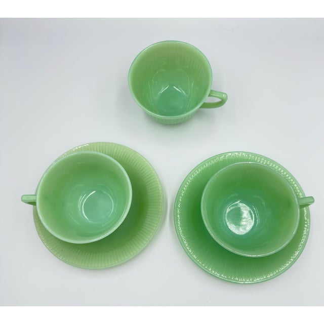 1940s 1940s Fire King Coffee Tea Cup & Saucer Jane Ray JadeIte by Anchor Hocking 5pc Set For Sale - Image 5 of 9